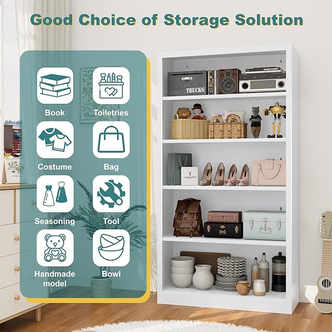 Heavy-Duty Steel Open Storage Cabinet with Adjustable Shelves, 5-Tier Shelving Unit, Easy Assembly Freestanding Organizer for Pantry,Office, Living Room,Bookshelf(White, 5 Tier-55"H x 27.6"W x 11.8"D)