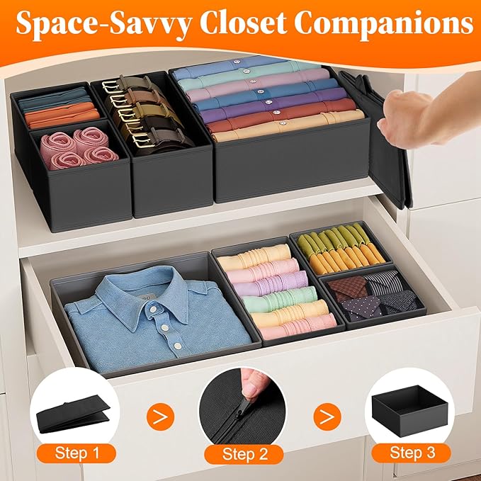 TasticTotes Drawer Organizer Clothes, 24 Pack Drawer Organizers and Underwear Organizer for Nursery, Dividers Clothes Organizer, Closet Organization and Foldable Storage Bins for Sock, Bra, Tie, Black