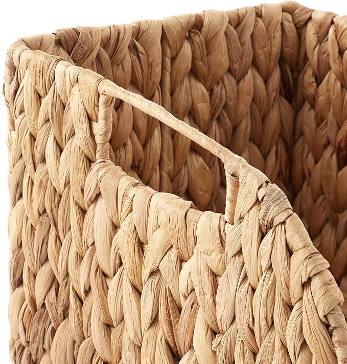 Casafield Set of 2 Water Hyacinth Pantry Baskets with Handles - Natural, Woven Storage Bin Organizers for Kitchen Shelves, Medium and Large Sizes