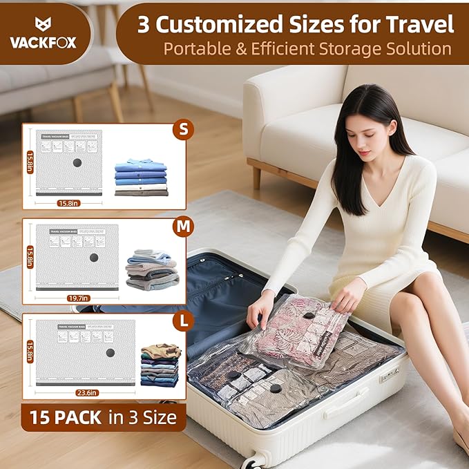 15 Pack Vacuum Seal Bags with Wireless Rechargeable Electric Pump,Vacuum Storage Bags with LED Light(5L+5M+5S),Travel Vacuum Bags for Luggage,Space Saver for Clothes & Clothing Travel
