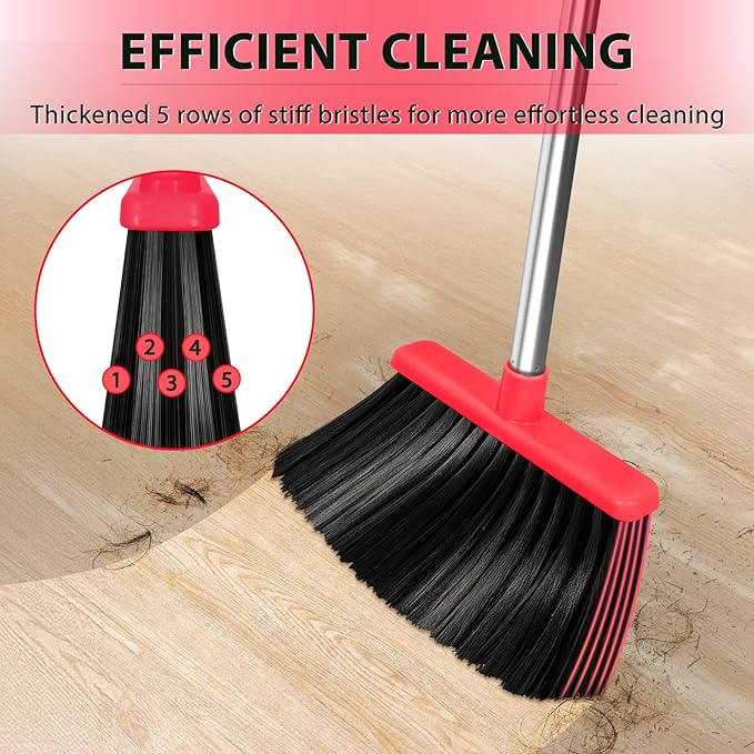 YZO Broom and Dustpan Set, 50.6-Inch Long Handle Standing Design, Dustpan Front Rubber Tight Seal, Broom with 5-Layer Bristles, Suitable for Living Room, Bedroom, Yard, Office and Apartment(Gray&Red)