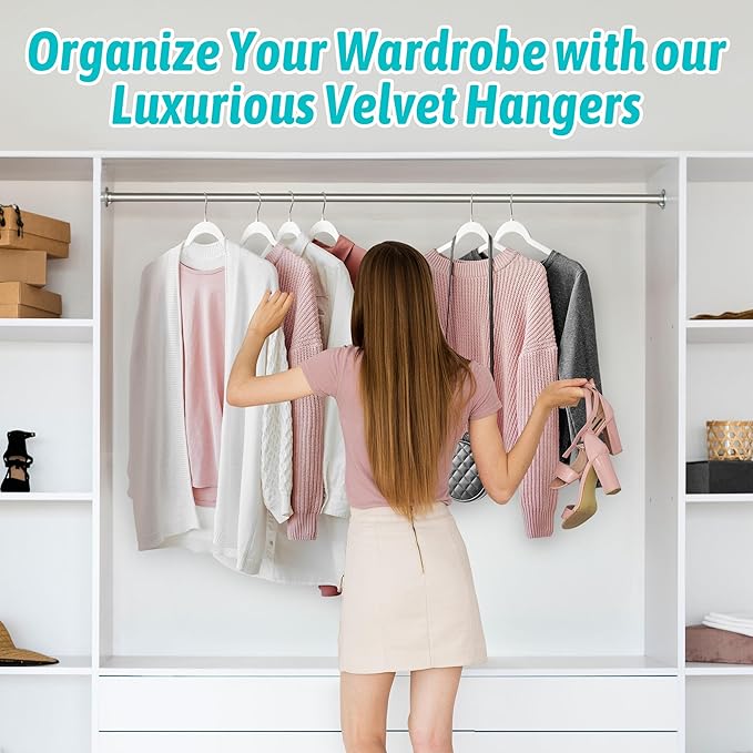 Sishynio Premium Velvet Shirt Hangers 50 Pack, Non-Slip 360° Swivel Hook Slim Felt Hanger, Space Saving Flocked Hangers for Tank Tops, Blouses, Strappy Dresses(White)