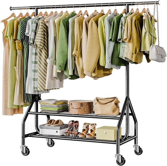 Holiwei Clothes Rack with 2 Shelves, Heavy Duty Garment Rack Load 450 LBS, Standing Rolling Metal Hanging Clothes with Sturdy Wheels & Shelves