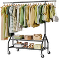 Holiwei Clothes Rack with 2 Shelves, Heavy Duty Garment Rack Load 450 LBS, Standing Rolling Metal Hanging Clothes with Sturdy Wheels & Shelves
