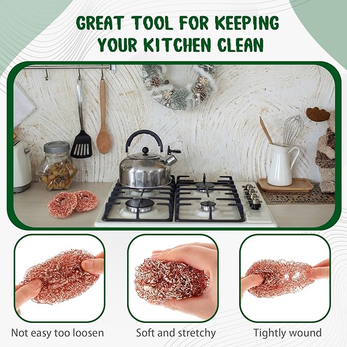 Yinkin 100 Pieces Stainless Steel Scrubber Bulk Steel Wool Scrubber Metal Sponge Wire Scouring Pad Heavy Duty Clean Dish Pot Pan and Oven for Kitchen, Bathrooms, and More (Copper)