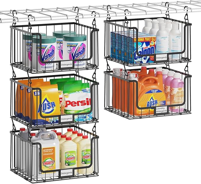 5-Tier Hanging Laundry Room Organizer with Label Cards, Foldable Wire Shelf Basket with 4 Rotating Hooks, Stacked Storage Rack for Laundry Rooms, Closet and Pantry, Black Metal