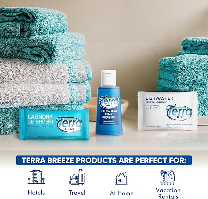 Travel Laundry Detergent & Dish Soap | Terra Breeze 1-Shoppe Amenities Kit | Laundry Soap, Dish Soap | 45 Pieces