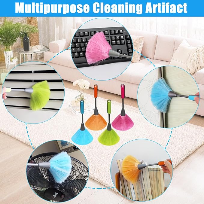 4 Pack 10 inch Microfiber Duster, Feather Duster, Grips Microfiber Delicate Duster for Cleaning Keyboard, Computer Screen, Books, Photo Frames, Picture Frames, Knick-knacks