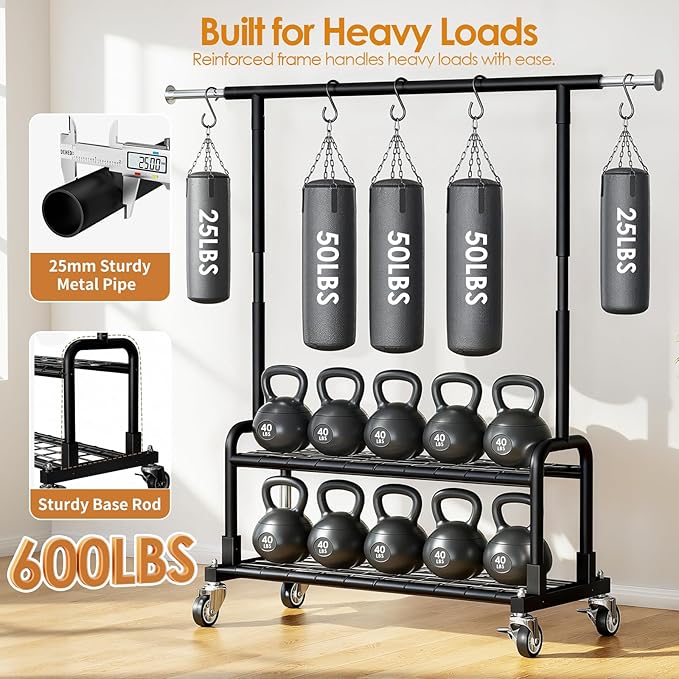 Luxspire Heavy Duty Clothes Rack, Clothing Rack Load 600 LBS, Rolling Clothes Racks for Hanging Clothes with Sturdy Wheels & 2 Tier Shelves, Adjustable Garment Rack for Bedroom, Laundry Room, Black