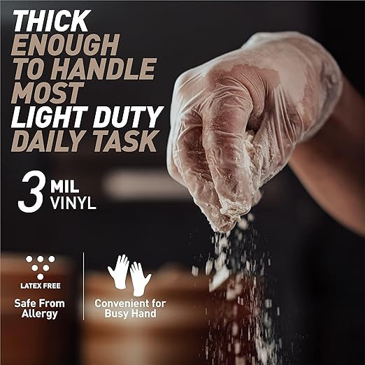 OKIAAS Disposable Gloves M, Food Safe, Bulk of 200 Pcs|Latex and Powder-Free Clear Vinyl Gloves for Cleaning, Food Prep