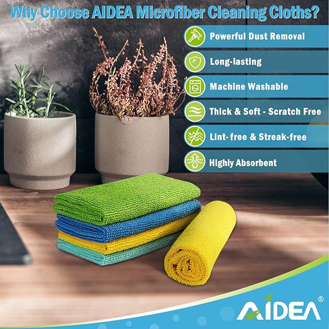 AIDEA Microfiber Cleaning Cloth, 5PK, Soft Absorbent Rags, Microfiber Towels for Cars, Kitchen Towels, Dusting Cloth for Home, Window, Cleaning Supplies, 12"×12"