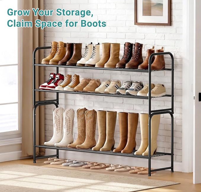 AOODA Long 2 Tier Shoe Rack for Closet Metal Wide Stackable Shoe Storage Organizer for Entryway, Bedroom, Floor, 18-Pairs Low Shoe Shelf, Black