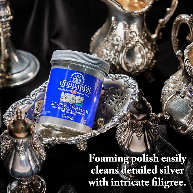 Goddard’s Silver Polish Foam – Silver Jewelry Cleaner for Antiques, Accessories, Ornaments & More – Silver Cleaner for Silverware Protection – Tarnish Remover for Jewelry w/Sponge Applicator (6 oz)