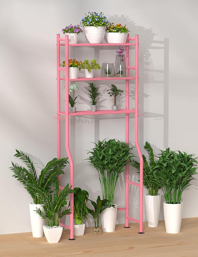 Livilord 3-Tier Over The Toilet Storage, Freestanding Metal Bathroom Shelves with 4 Hooks, Over Toilet Storage Shelf with Paper Holder, Above The Toilet Shelf for Bathroom Storage, Pink