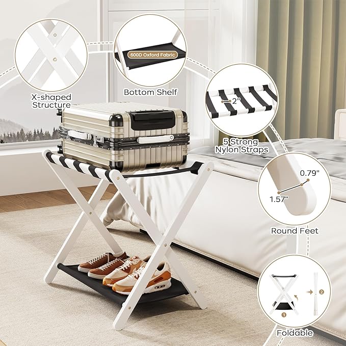 Fully Assembled Luggage Rack, 26.77" Folding Suitcase Stand with Storage Shelf, Bamboo Luggage Stand for Guest Room, Bedroon and Hotel, Holds up to 165 lb, Fit Most Luggage Size, 1 Pack, White