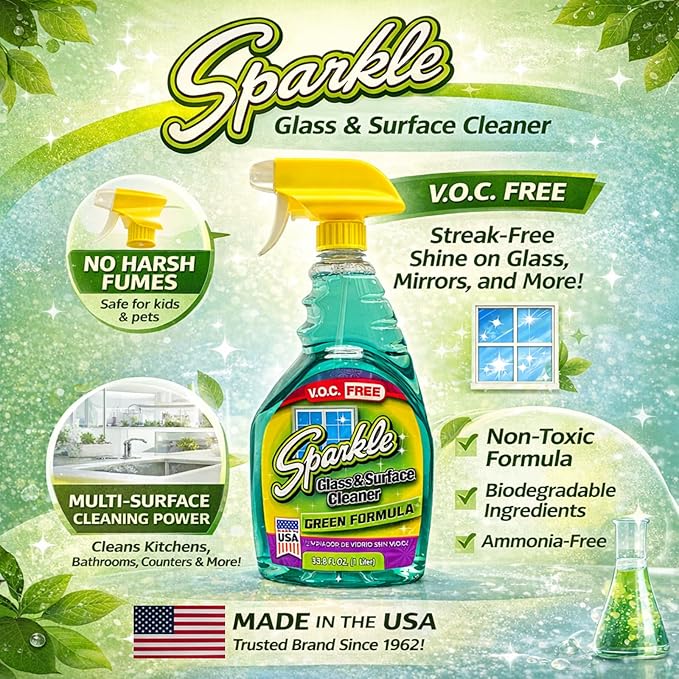 Sparkle Green Formula Glass Cleaner, 33.8 Oz Bottle