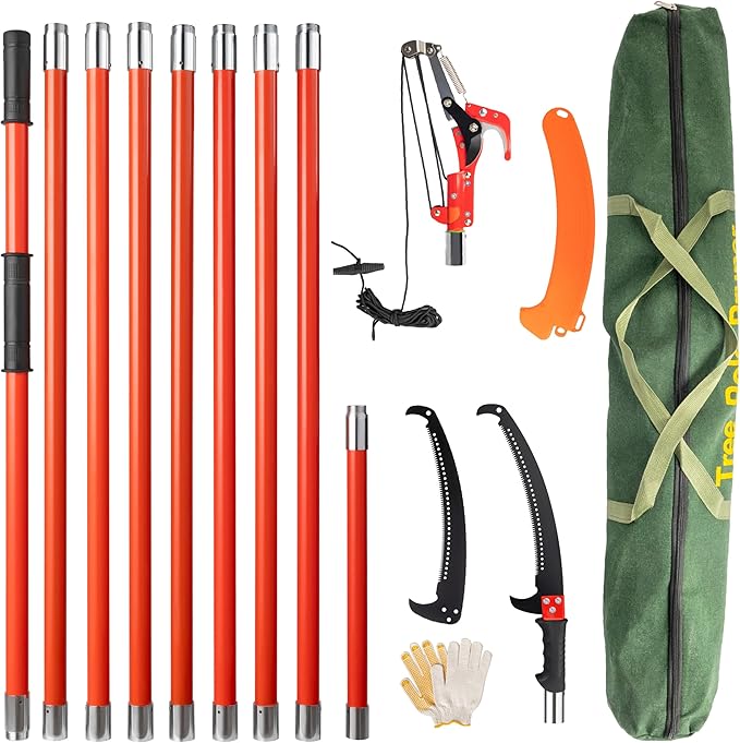 VINGLI 30ft Manual Pole Saws for Tree Trimming, Extendable Tree Trimmers Long Handle Pruner, Sharp Steel Blade and Scissors with Lightweight 9 Fiberglass Handles for Pruning Palms and Shrubs