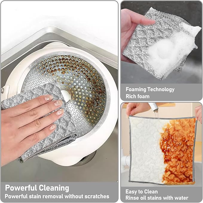 XANGNIER 10 PCS Multipurpose Wire Dishwashing Rags,2025 New Upgrade Non Scratch Wire Dishcloth, Four-Layer Silver Mesh Dish Cloths,Steel Wool Cleaning Cloths,Multi Purpose Metal Wash Miracle Cloths