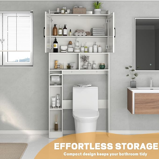 Over The Toilet Storage Cabinet, 32" W Over Toilet Bathroom Organizer with Toilet Paper Holder Stand, Home Space-Saving Toilet Rack with Shelves for Bathroom, Restroom (2 Barn Doors, White)