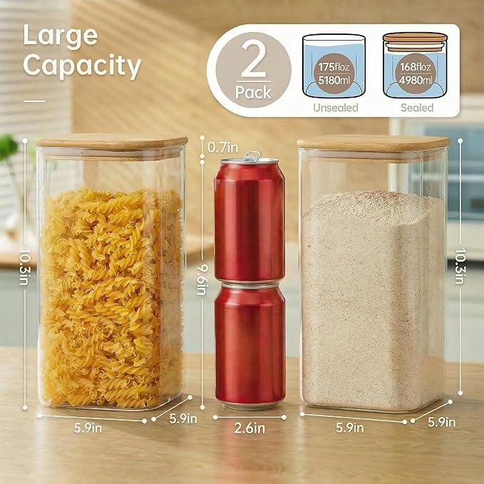 Extra Large Square Glass Flour & Sugar Storage Containers with Airtight Lids, 168oz 2 Pack Glass Jars with Bamboo Lids, Air tight Pantry Food Storage Containers for Cereal, Pasta, Rice Organizers