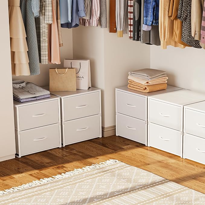 2 Pack Stackable Storage Closet Drawers, White Closet Organizers and Storage, Small Drawers for Closet with Wooden Top & Metal Frame, 2 Tier Modern Short Dresser for Bedroom,Dorm,Living Room, Office