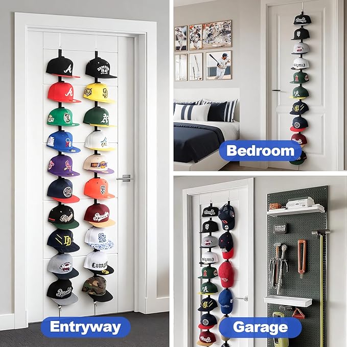 Aoodaily Hat Rack for Door - Two-Way Hanging Caps with Display Hooks and Hanger, Hat Organizer for Baseball Caps, Over the Door Hat Storage Organizer for Bedroom, Entrance or Garage Doors - 1 Pack