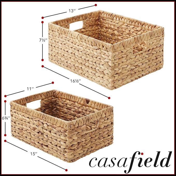 Casafield Set of 2 Water Hyacinth Storage Baskets with Handles - 1-Jumbo, 1-Large Woven Organizers for Bathroom, Laundry, Pantry, Office, Shelves