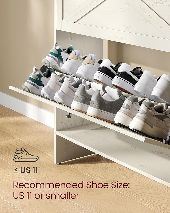 VASAGLE Shoe Storage Cabinet Organizer with 2 Flip Drawers, Freestanding Narrow Shoe Rack Cabinet for Entryway, Farmhouse Style, Fits 14 to 16 Pairs, Rustic White UHSC203WJ01S