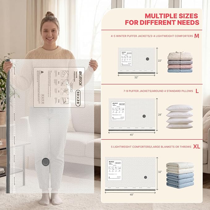 IDEATECH 8Pack Vacuum Storage Bags with Electric Pump, Jumbo Vacuum Seal Bags for Clothing, Bedding & Blankets, Heavy Duty Compression Space Saver with Airtight Seal, Closet & Under Bed Storage-4L+4XL