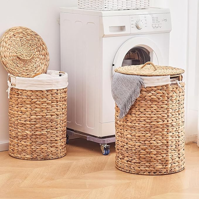 Round Water Hyacinth Laundry Hamper with Lid Handwoven Wicker Basket with Handles for Dirty Clothes, Storage, and Organization Ideal for Bedroom, Bathroom, and Laundry Room, No Assembly Required, 2Pcs