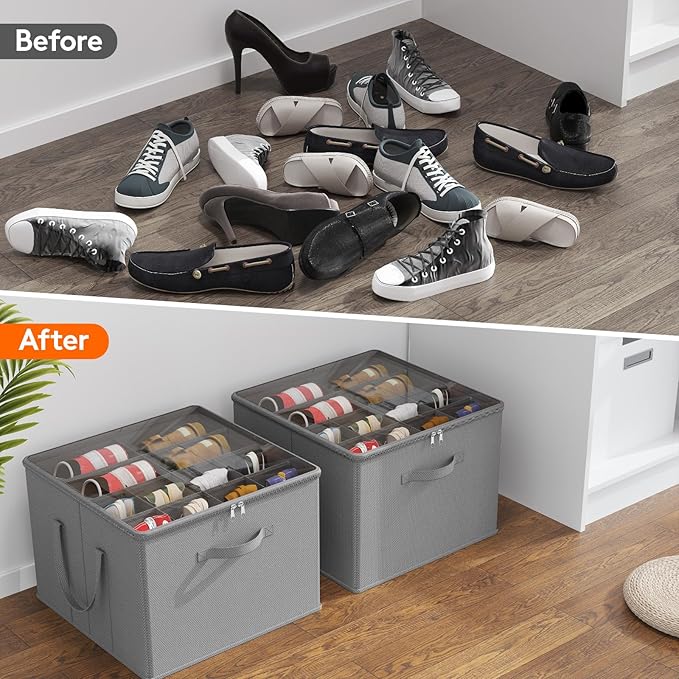 Lifewit Shoe Storage Organizer for Closet, Fabric Large Shoe Box Storage Containers with Clear Cover, Foldable Bins for Boots Heels Sneakers Fits 24-32 Pairs (Each 12-16 Pairs) 2 Pack Light Gray