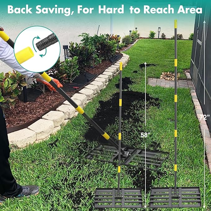 Lawn Leveling Rake,30x10 Inch Ground Plate,72 Inch Adjustable Long Handle Yard Level Tool with Curved Edge,Heavy Duty Large Landscaping Lawn Leveler for Grass, Golf Field, Soil Sand Dirt Spreader