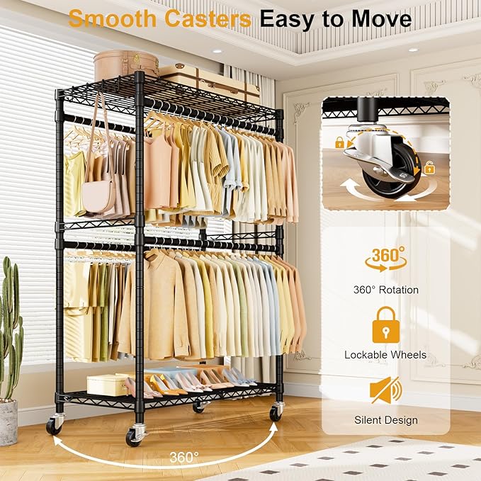 ULIFHOME P4 Plus Rolling Clothes Rack Heavy Duty, Clothing Racks for Hanging Clothes, Free Standing Garment Racks with Wheels, Portable Closet Rack 45''W × 20.5''D × 80.5''H, Max Load 570 Lbs, Black