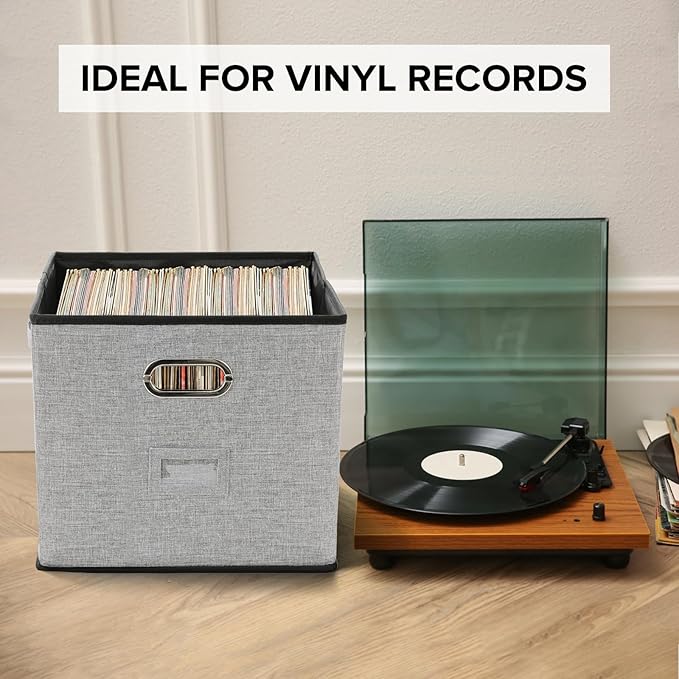 Vinyl Record Storage Box Hold 100+ 12" Albums Stackable LP Storage Bin with Lid Record Holder Protect Albums, CDs, Books, Magzine, Files