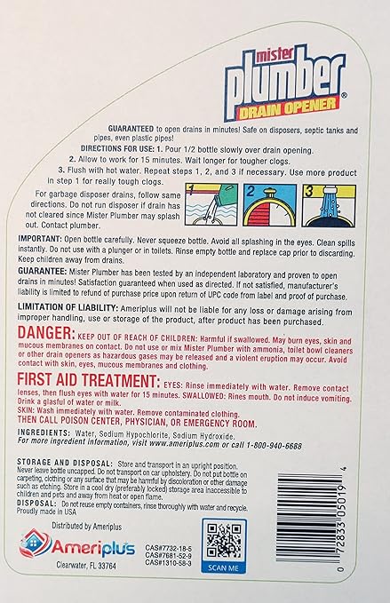 Mister Plumber Professional Formula Drain Opener, 32 Fl Oz "No-Glug" Easy-Pour Bottle, 3-Pack