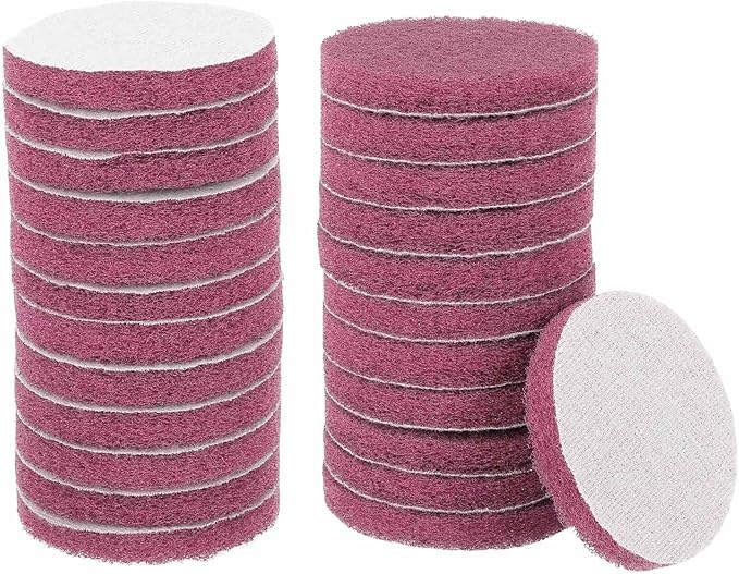 HARFINGTON 24pcs Scrubber Scouring Pads 500 Grits 3 Inch Drill Power Brush Hoop and Loop Surface Conditioning Disc Drill Scuffing Disc Scrub Pads for Home Kitchen Cleaning, Red
