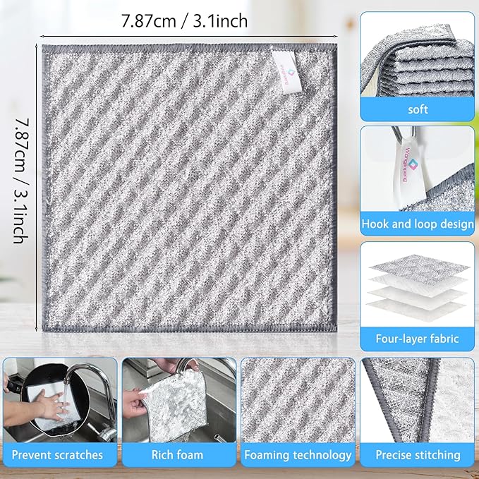 Wangjinpeng 8 PCS Four-Layer Non-Scratch Multipurpose Steel Wire Dishcloths - Reusable Quick-Dry Odor-Free Scrub Cloths for Dishes, Kitchen Cleaning Cloths for Cookware, Sinks, Stove Tops(7.87X7.87)