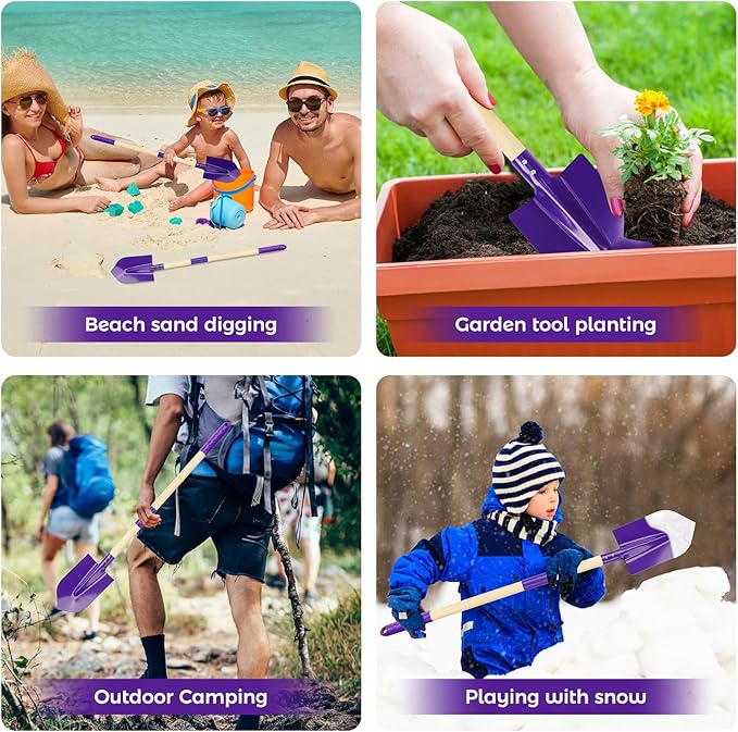 2 Pack Beach Shovels for Kids, 28.7" Long Detachable Kids Shovel with Wood Handle Metal Spade Sand Shovels for Digging Shoveling Sand Snow Gardening Tools Sandbox Toys for Kids Adults Gifts (Purple)