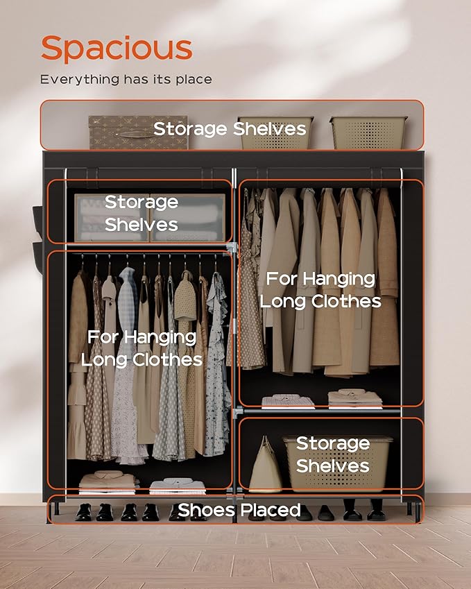 CASAMAYA Portable Closet, 61.8 Inch Large Capacity Wardrobe Closet with Cover, Clothes Storage Organizer with Shelves and 2 Hanging Rods, Easy to Assembly, Black PCT222B01