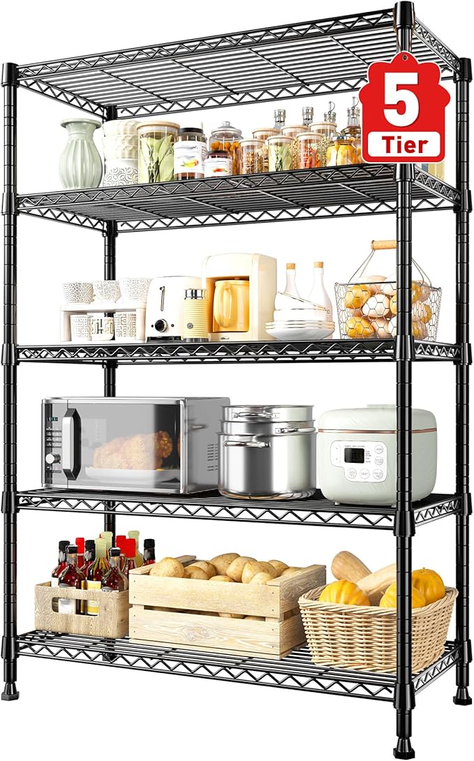 REIBII 5-Tire Storage Shelves, Wire Shelving Load 1000LBS Metal Shelves for Storage Adjustable Garage Shelving Unit Wire Shelf Rack Kitchen Storage Rack Pantry Shelves 31.5''W x 15.7'' D x 71''H