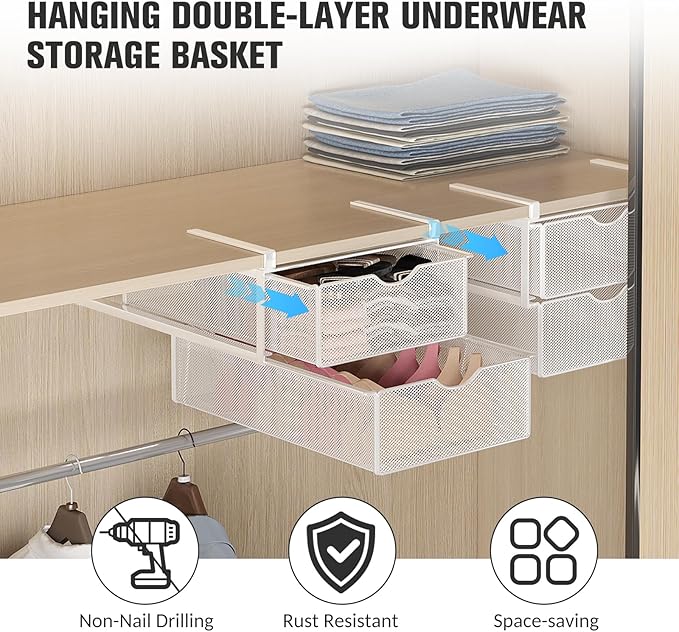 Underwear Drawer Organizer for Closet, Hanging Pull-Out Bra Sock Lingerie Storage Basket - Double-Layer Mesh Undergarment Organizer, Multifunctional Space-Saving Wardrobe Organizer for Bedroom