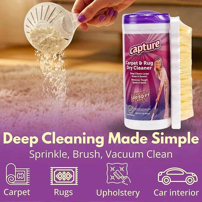 Capture Carpet & Rug Dry Cleaner w/Brush - Carpet Deodorizer & Freshener Powder - Pet Odor Eliminator - Fresh Natural Scent - Carpet Cleaner Powder - Odor Eliminator, Stains Spot Remover (1 lb)