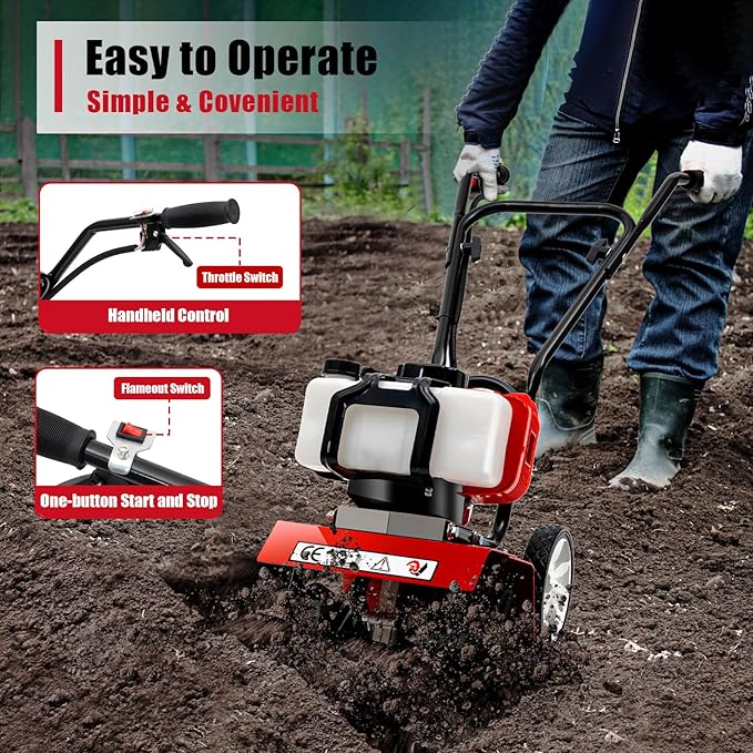 Mini Tiller Cultivator, Powerful 52cc Two-Stroke Single-Cylinder Gasoline Engine, Gear Drive Transmission, Height Adjustable Wheels, for Gardening RED