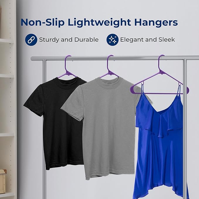 SereneLife 150-Piece Plastic Hangers Set Purple – Non-Slip, Heavy Duty Coat Hangers for Clothes, Space-Saving Durable Closet Organization with 5.5 lbs Weight Capacity Each