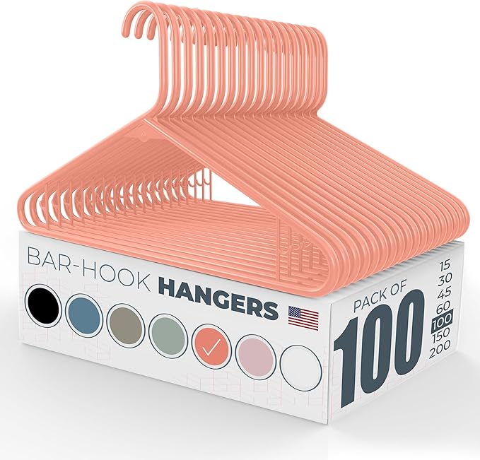 Neaties Plastic Hangers 100 Pack – Made in The USA – 6lb Capacity Standard Clothes Hangers with Strap Hooks for Dresses, Lingerie, Shirts, Pants, and Jackets – Peach