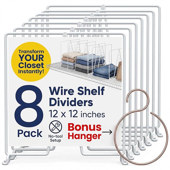 White Wire Shelf Dividers for Closet Organization – 8-Pack – Sturdy and Easy Set-Up Closet Shelf Dividers with Bonus Rose Gold Hanger – 12 inches x 12 inches