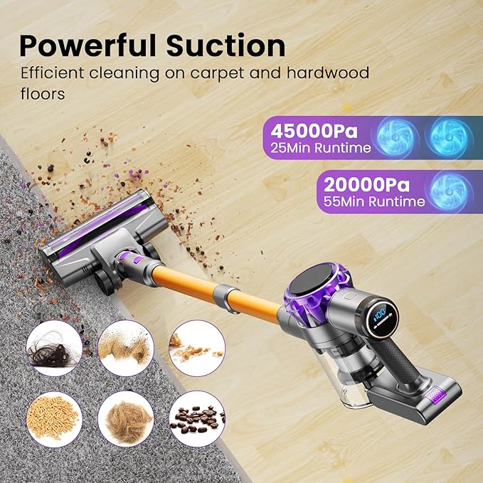 UML0 S3P Cordless Vacuum Cleaner, 45kPa Powerful Suction Vacuum Cleaners for Home, 55-Min Runtime Rechargeable Stick Vacuum, Self-Standing, for Pet Hair Carpet Hard Floor, LED Display