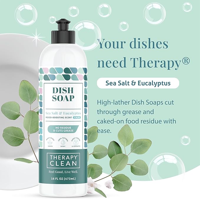 Therapy Clean Dish Soap Sea Salt & Eucalyptus (6-Pack) - Dish Detergent Liquid, Dishwashing Liquid, Dishwasher Soap, Natural Dish Soap Refill, Dishsoap, Dish Washing Liquids, Bottle Soap