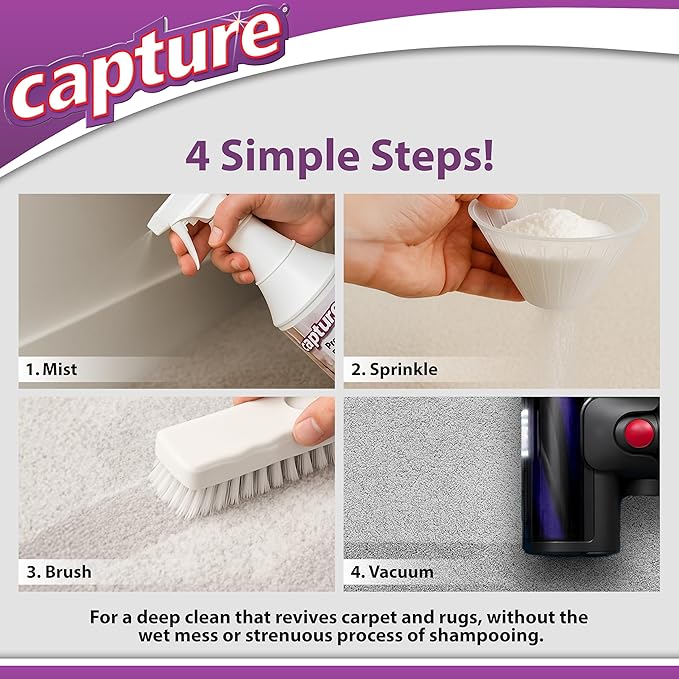 Capture Pre-Mist Soil Release for Carpet Dry Cleaner - Carpet Cleaning Pre Spray - Loosen Juice, Coffee & Wine Spill and Tough Rug Stains Eliminator - Multi-Purpose Cleaning Essentials (24oz)