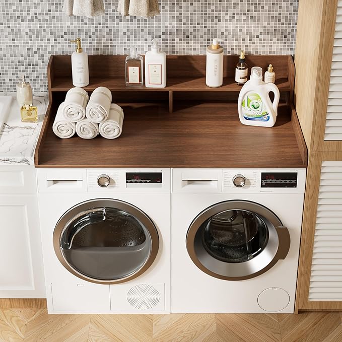 2-Tier Washer Dryer Countertop, Laundry Room Organization and Storage, 27.6" x 54" Wood Laundry Countertop for Washer and Dryer, Walnut